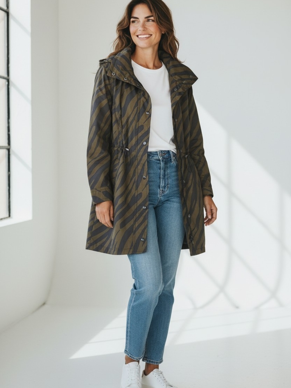 Talbots Olive Zebra-Print Hooded Trench Coat